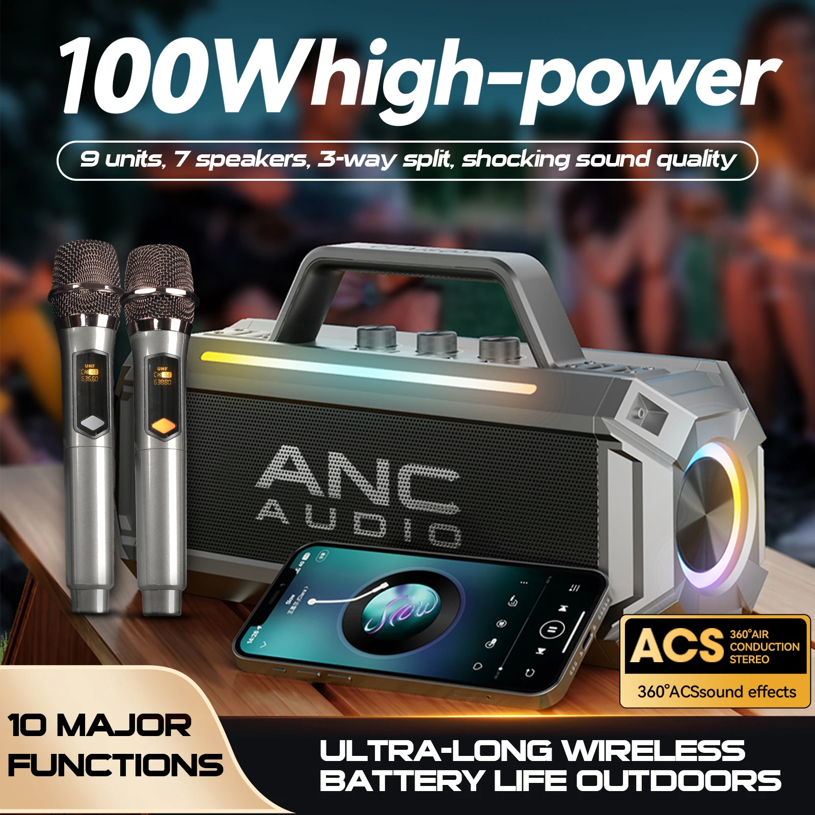 ANC 100W Portable Bluetooth Speaker with dual wireless microphones 12 hours, Hi-Res Audio, Subwoofer,  Waterproof USB/TF/AUX/RGB