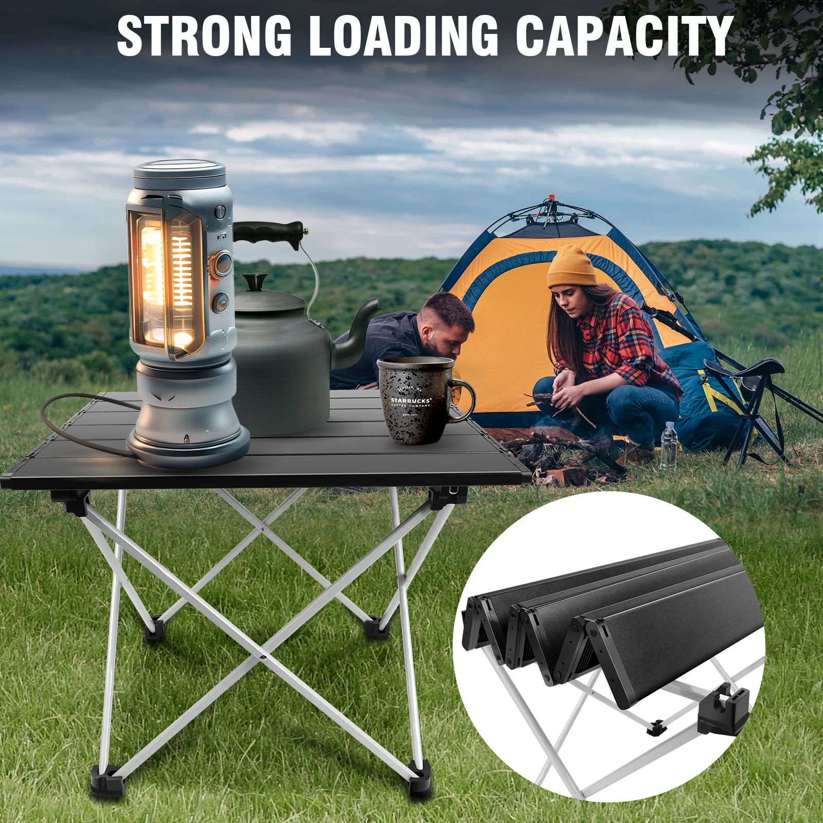 Table pliante portable légère en aluminium, design enroulable, 40x35x32cm, table de camping compacte, plateau noir, pieds blancs, sac de transport robuste inclus, pour pique-nique, barbecue en plein air, jardin, voyage