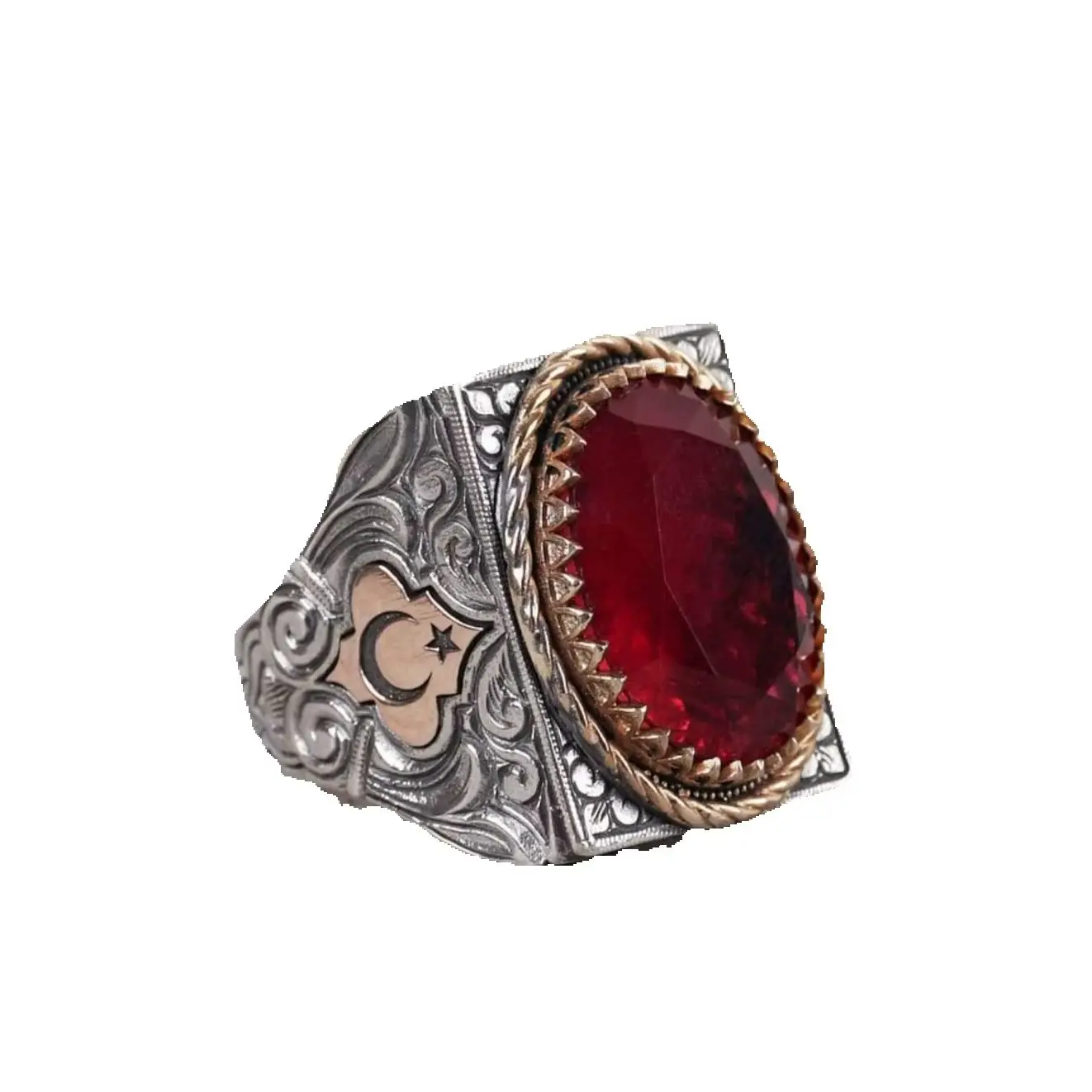 Handcrafted Silver Ring with Red Paraiba Tourmaline Stone, Moon & Star Embroidery - Unique Gift Idea