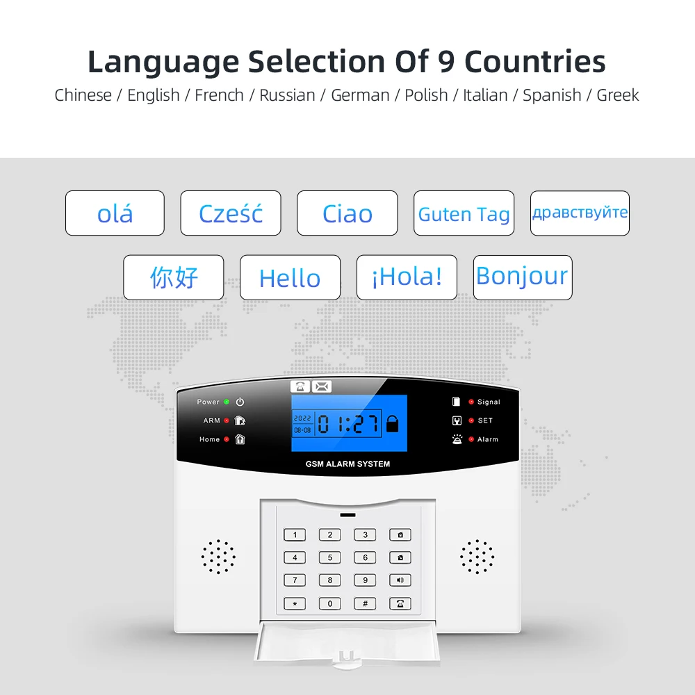 Painel de alarme sem fio Home Security, controle remoto, comutável, 9 idiomas, Wi-Fi, GSM, GPRS, Cartão RFID, desarmar, GT APP