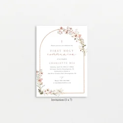 Personalized First Communion Invite Card, Rustic Pink Flower Arch, Customized First Communion