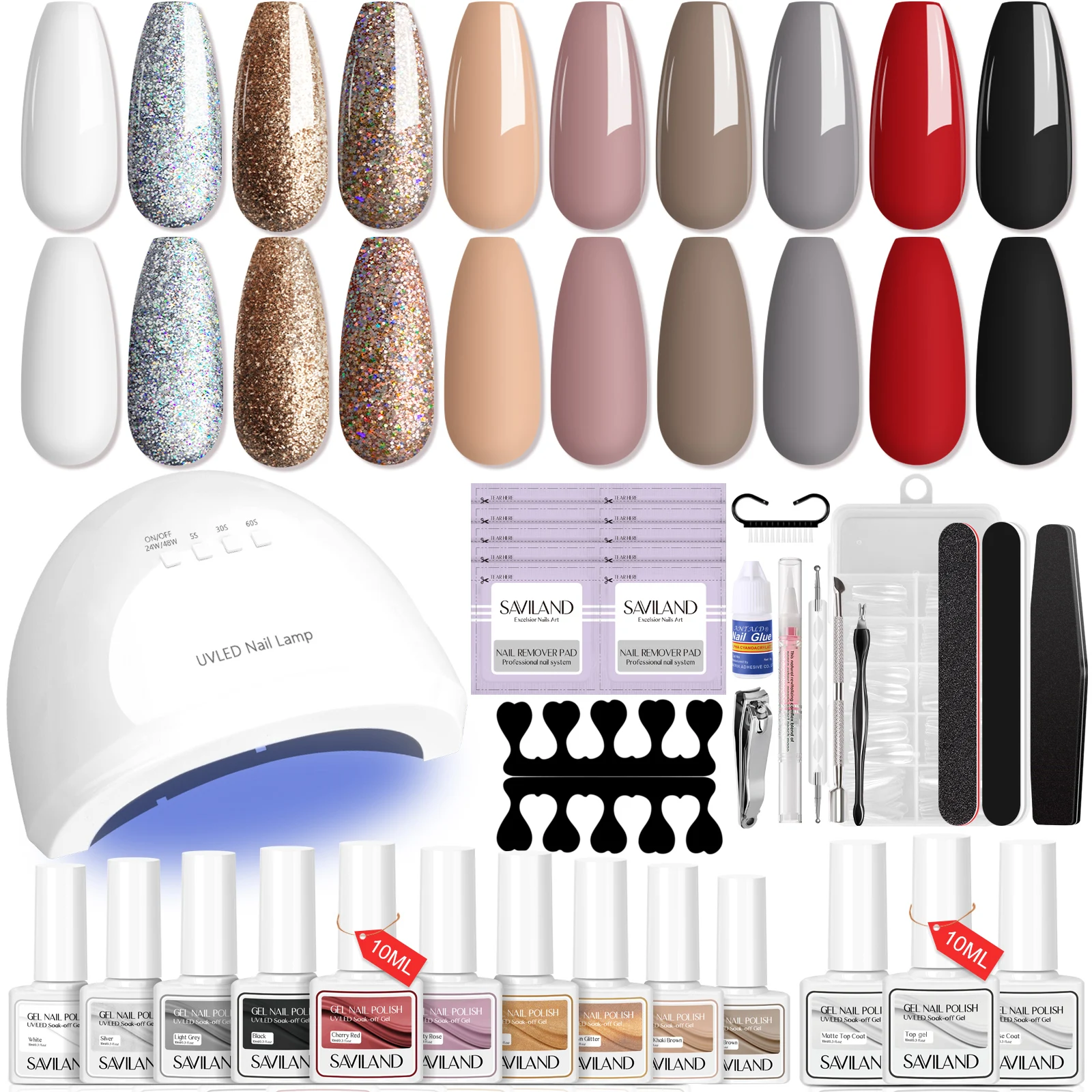 SAVILAND-Juego de esmaltes de uñas en Gel, 10 colores, con luz UV, purpurina, con base superior, capa de uñas, Gel para Nail Art