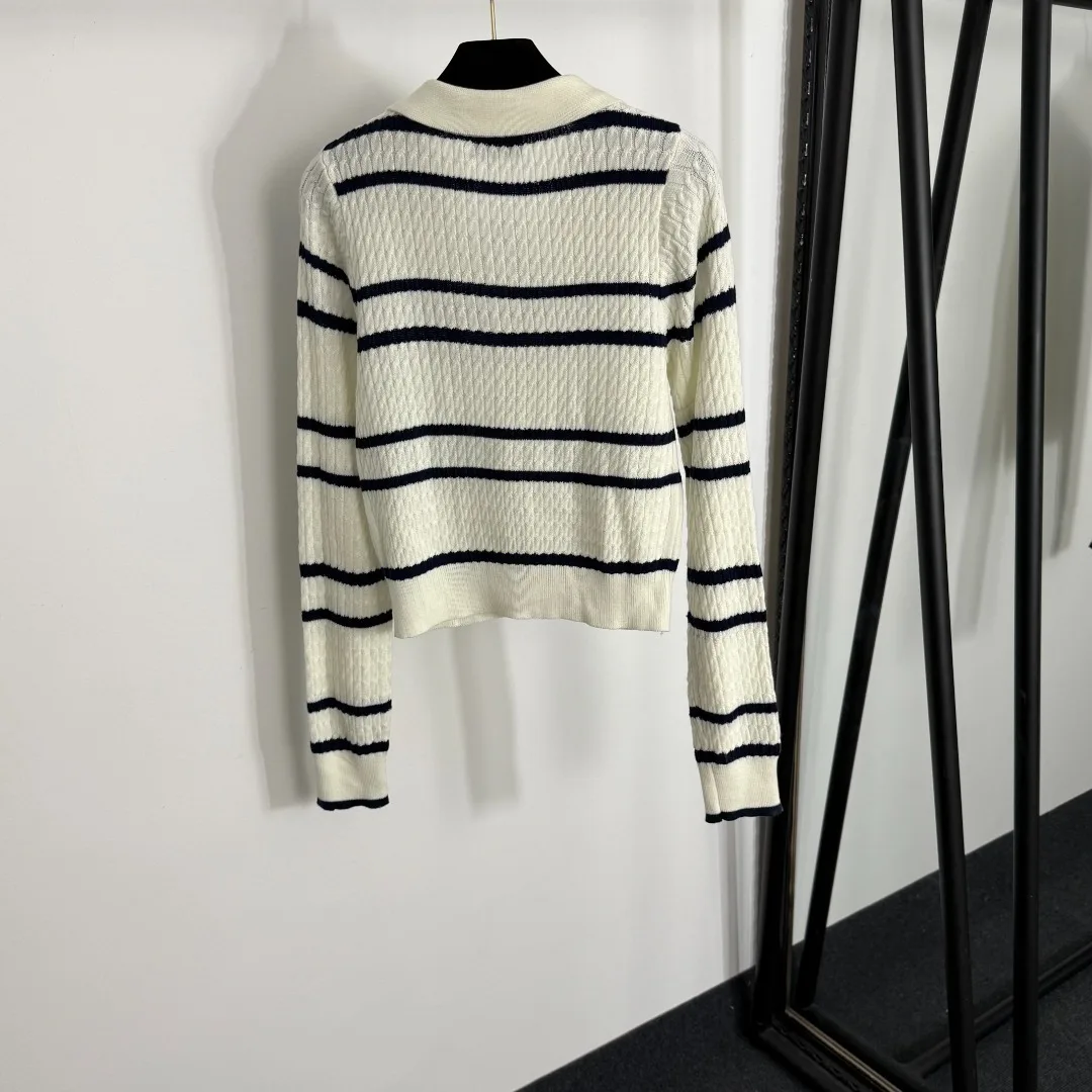 

Women's new popular embroidery monogram single row gold button lapel long sleeve striped knitted cardigan top