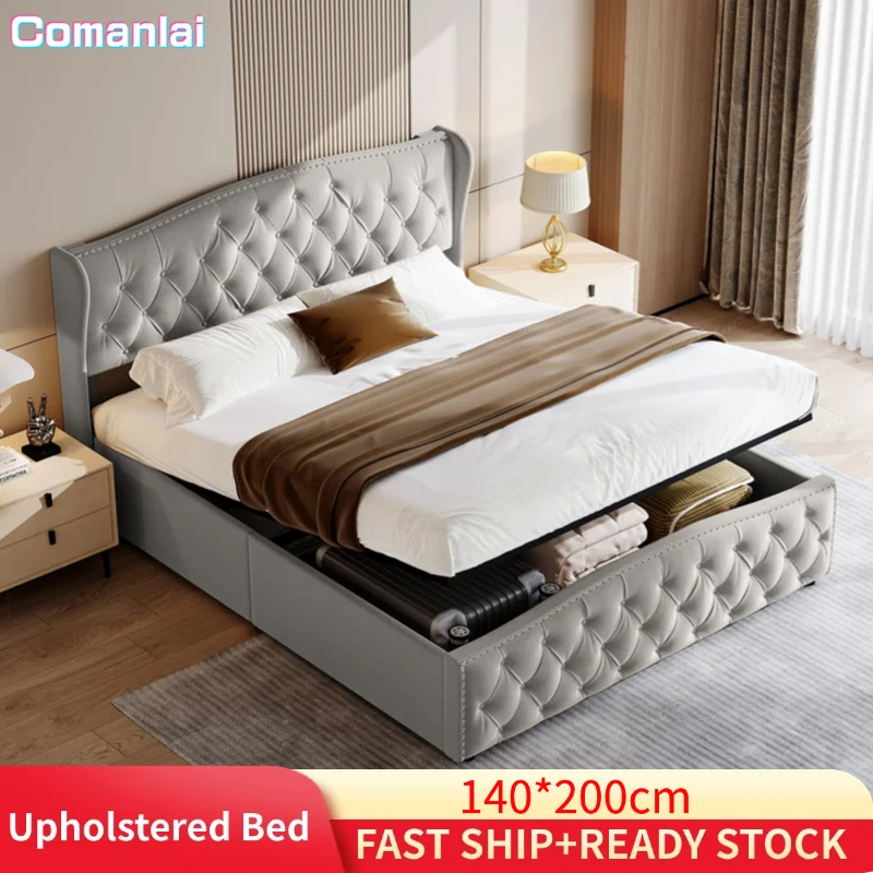 Comanlai Polsterbett 140 x 200 cm, mit Stauraum und Lattenrost, Kopfteil mit Zugpunktnieten, ohne