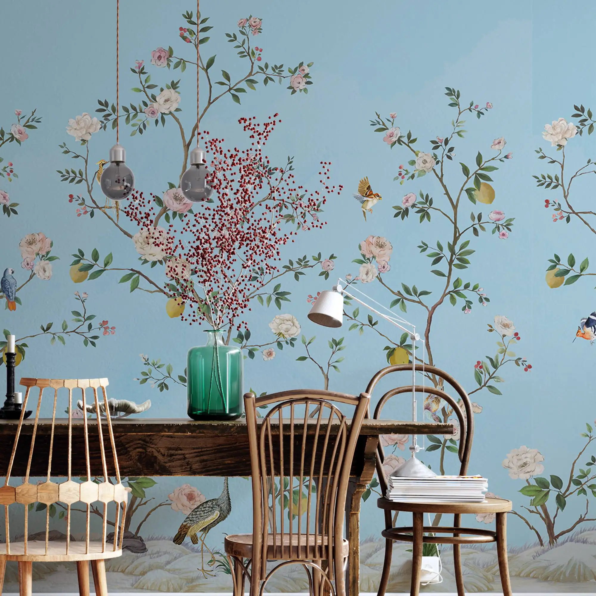 Blossom Chinoiserie Cerulean Blue Wallpaper with Birds, Chinoiserie Forest wallpaper, Floral Wallpaper