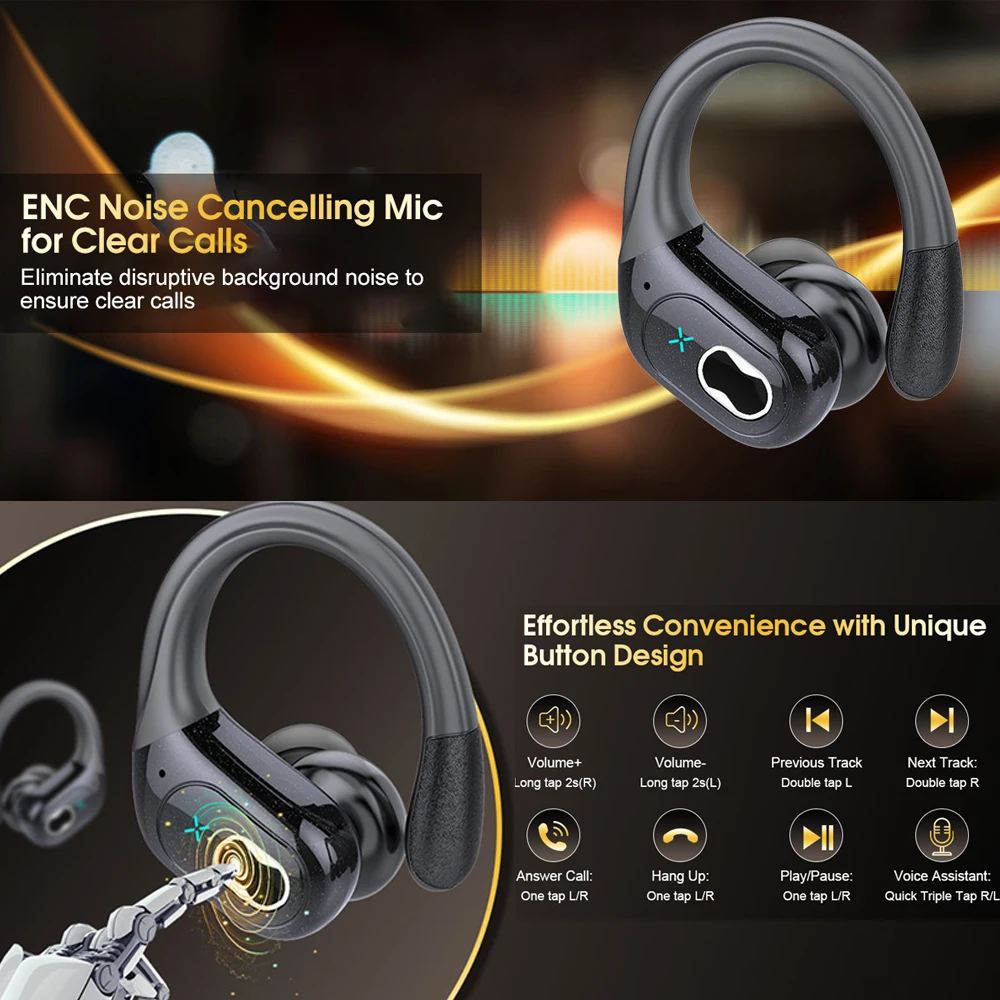 무선 이어버드, 이어후크 포함, 스테레오 딥 베이스 오버 이어 버드, 스포츠 2024 블루투스 5.3 헤드폰, 75 시간