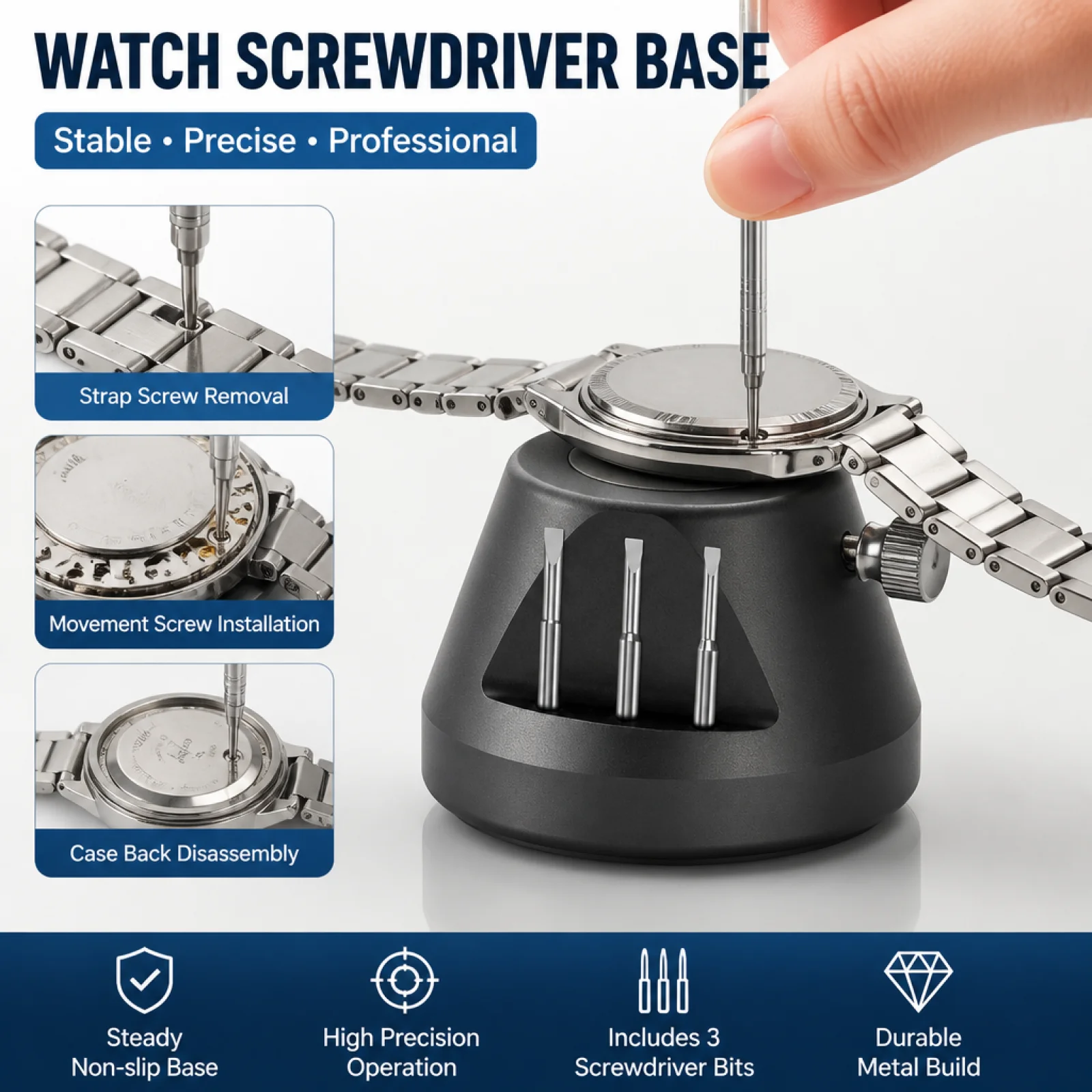 Watchband Bracelet Screw Removal Block,with 4x Different Tips,Screwdriver Nozzle Holder Watch Repair Tool Maintenance for Shop