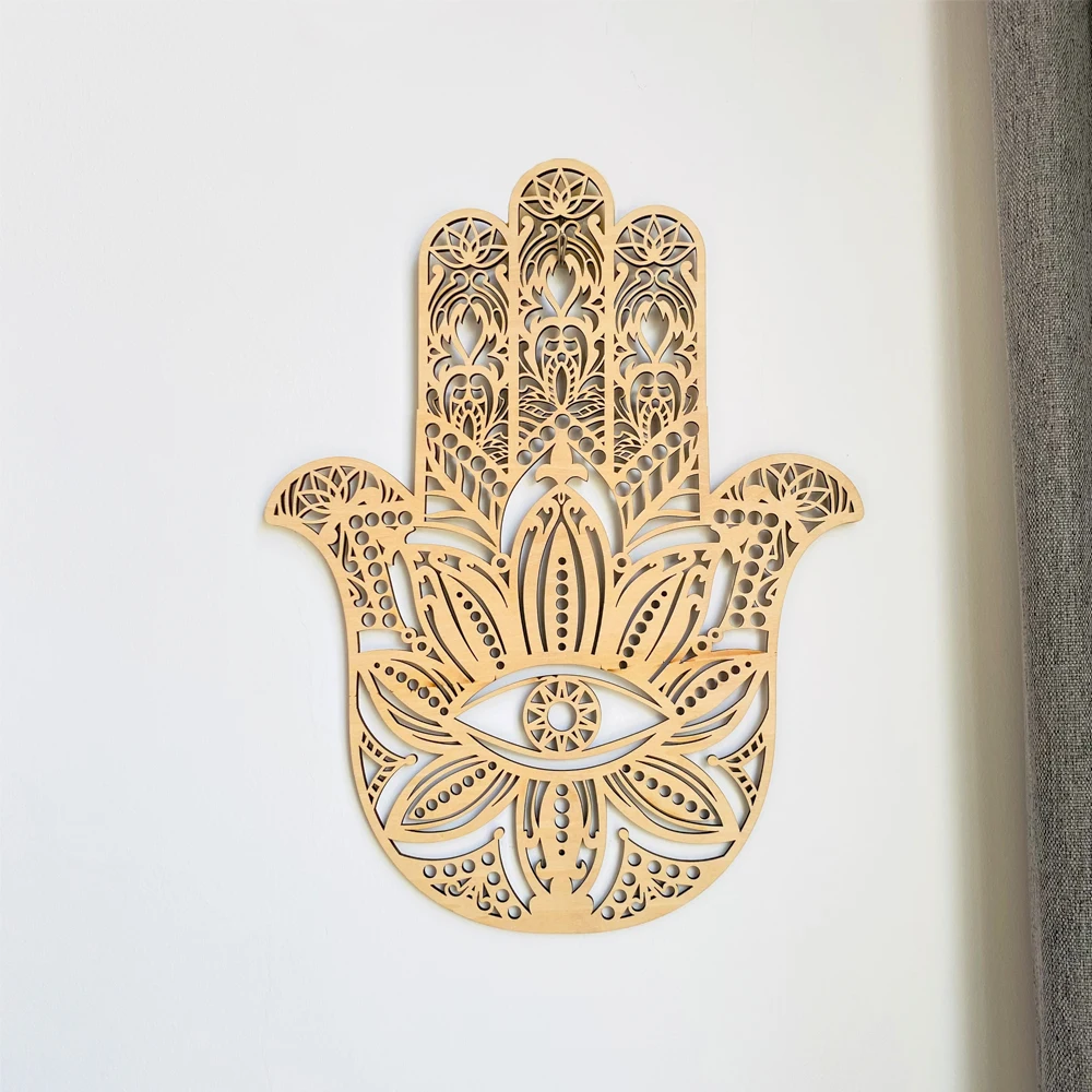 Hamsa Hand Wood Wall Art Decor Hanging Sacred Conscious Meditation Awareness Symbol of Protection Living Room Home Decor
