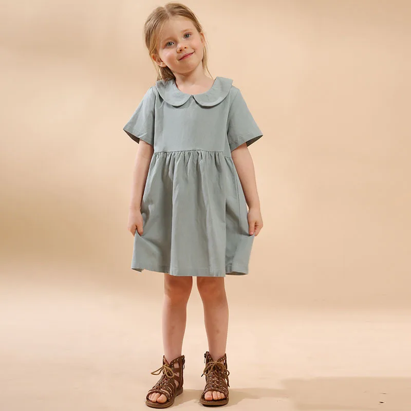 Girls Linen Ramie Dress Peter Pan Collar Short Sleeve Natural Style Kids Spring Summer Outfits