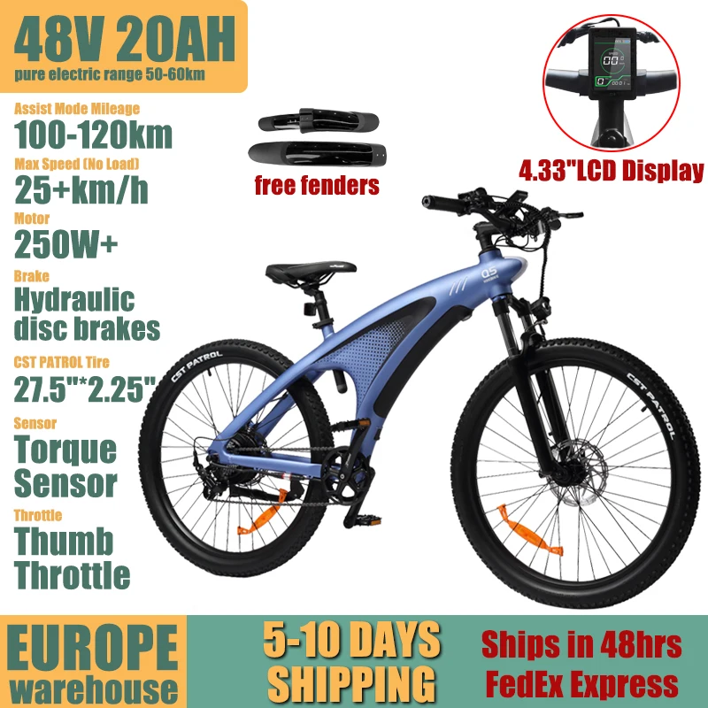Vélo électrique HX Q5 Shark 250W 25KM/H pour adulte, autonomie 120KM, 48V20AH, couple élevé 85N.M, pneus tout-terrain 27.5''*2.25'', vélo de montagne électrique, moto tout-terrain électrique.