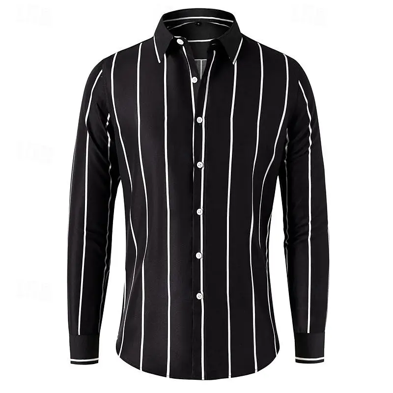 Men\'s Shirt Button T-Shirt Black and White Ruby Color Long Sleeve Striped Pleat Spring Autumn Wedding Party Clothing