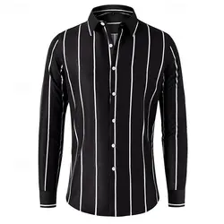 Men's Shirt Button T-Shirt Black and White Ruby Color Long Sleeve Striped Pleat Spring Autumn Wedding Party Clothing