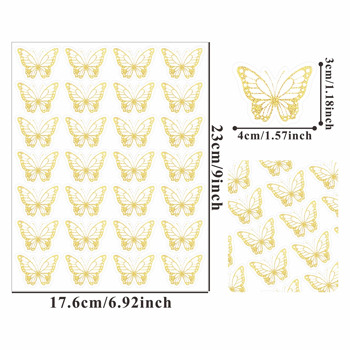 Fogli di adesivi decorativi con farfalle dorate da 140 pezzi – Eleganti etichette a forma di farfalla con dettagli della linea sottile