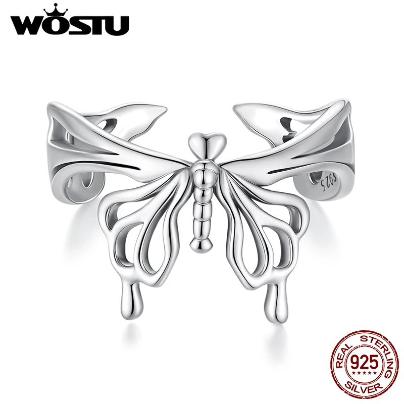 WOSTU 925 Sterling Silver Huge Hollow Flower Butterfly Open Ring For women Adjustable Party Rings Statement Jewelry Wedding Gift