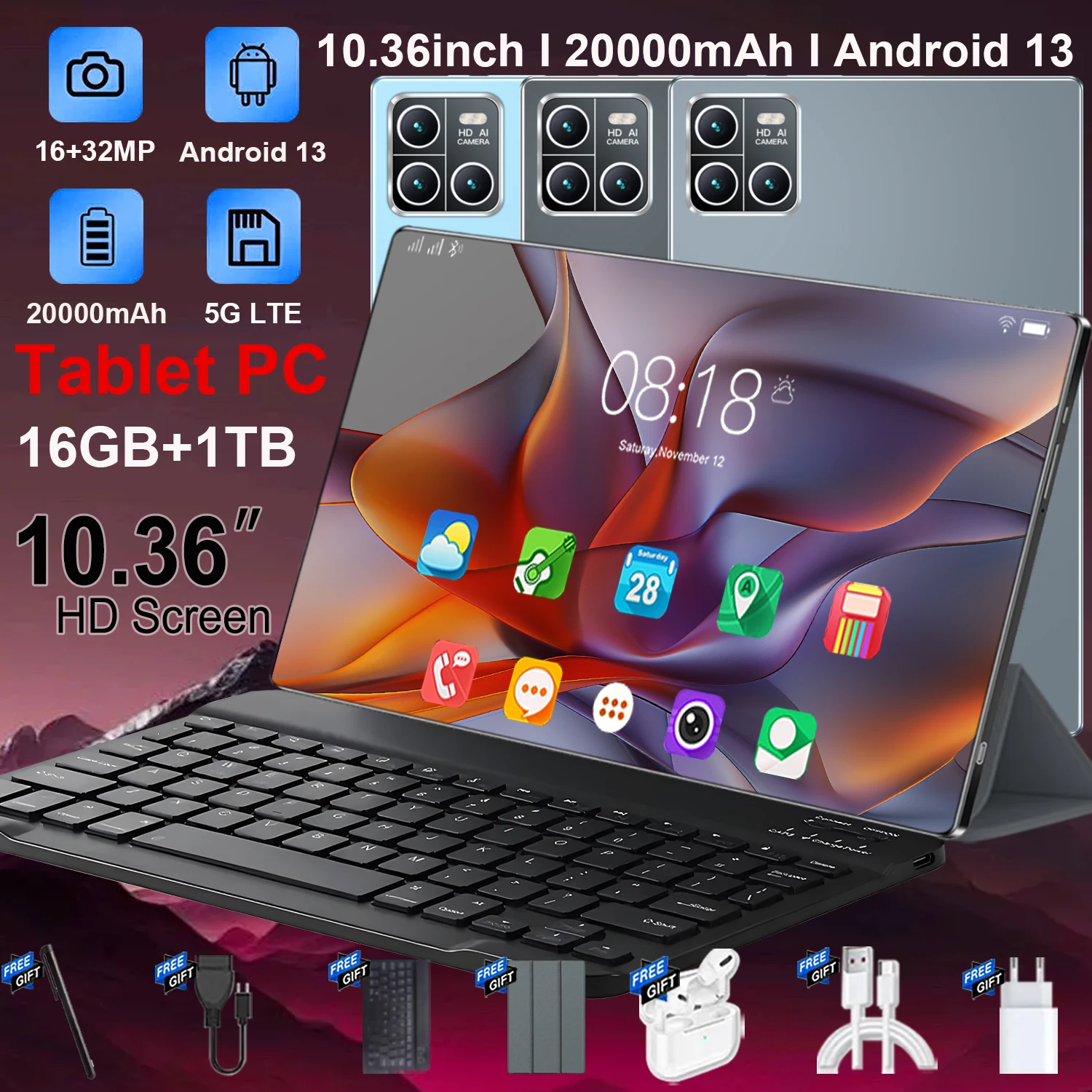 Nouvelle tablette de bureau Android 13 5G 10.36 PRO13 2026, 14 cœurs, GPS, WiFi, Bluetooth, double SIM, batterie longue durée 20000 mAh