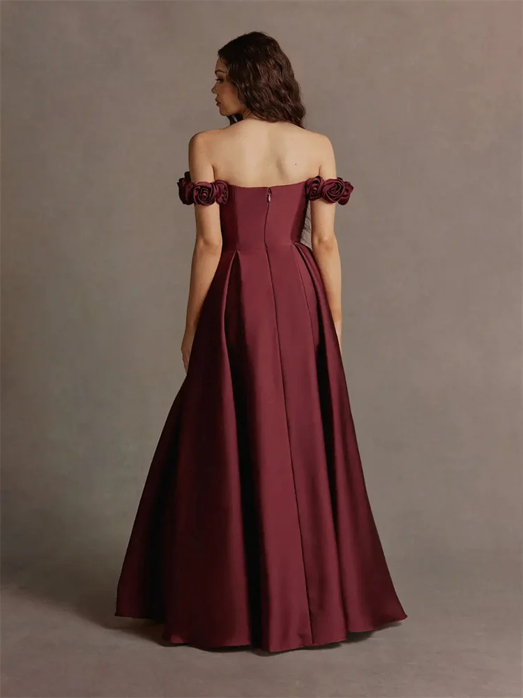 Customized Burgundy Rose Evening Dress With Three-dimensional Rose Appliqués On The Shoulders And High-slit Silhouette Dress