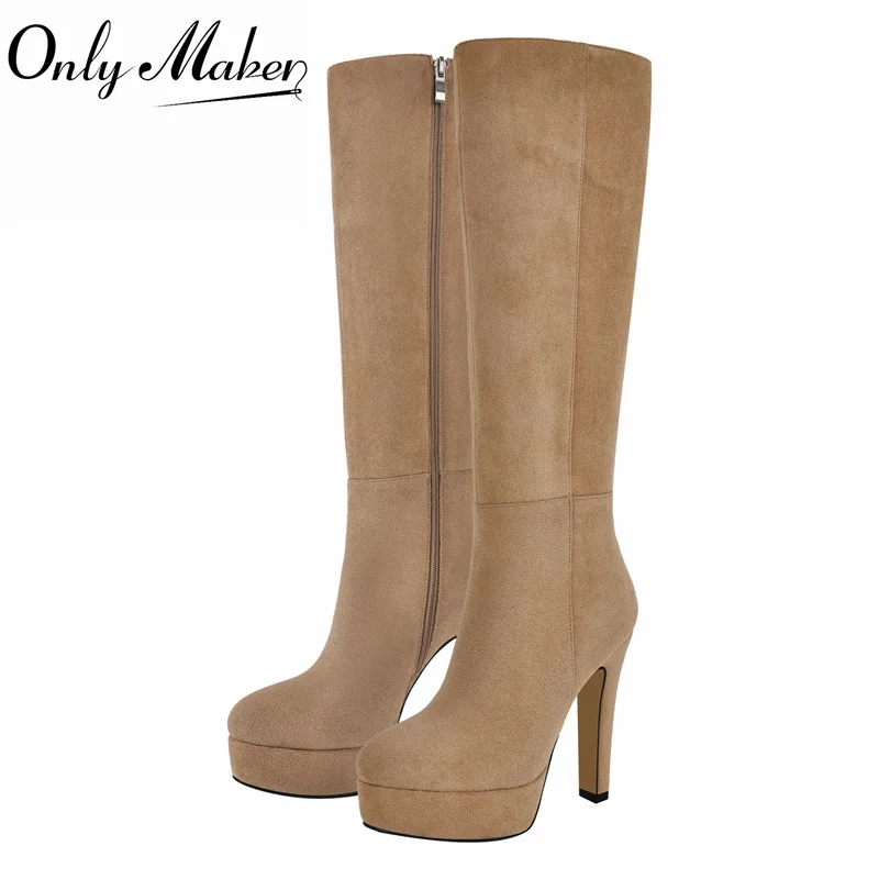 

Onlymaker Women Round Toe Platform Wide Calf Knee High Boots Chunky Heel With Side Zipper Concise Tall Modern Boots