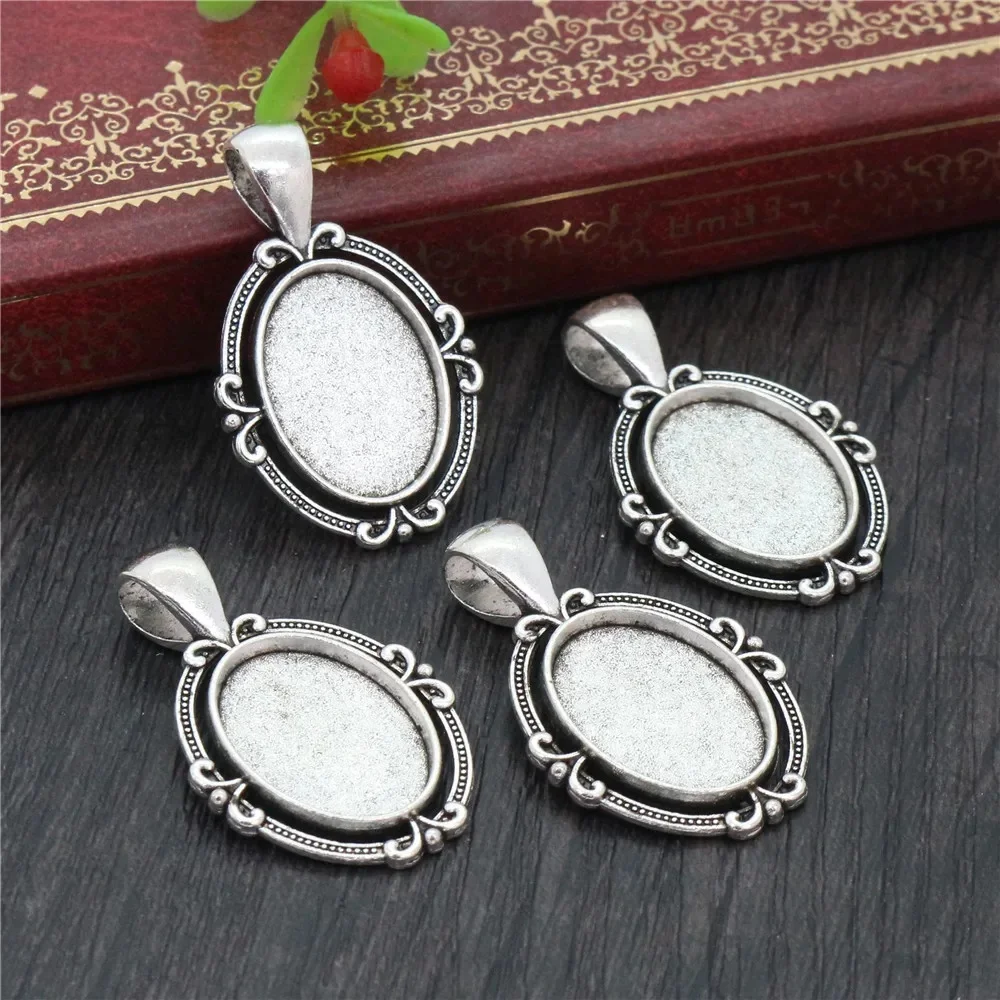 10 sztuk 13x18mm wewnętrzna rozmiar antyczne posrebrzane w stylu klasycznym Cameo Cabochon baza ustawienie naszyjnik ustalenia (D4-42) — zdjęcie 2