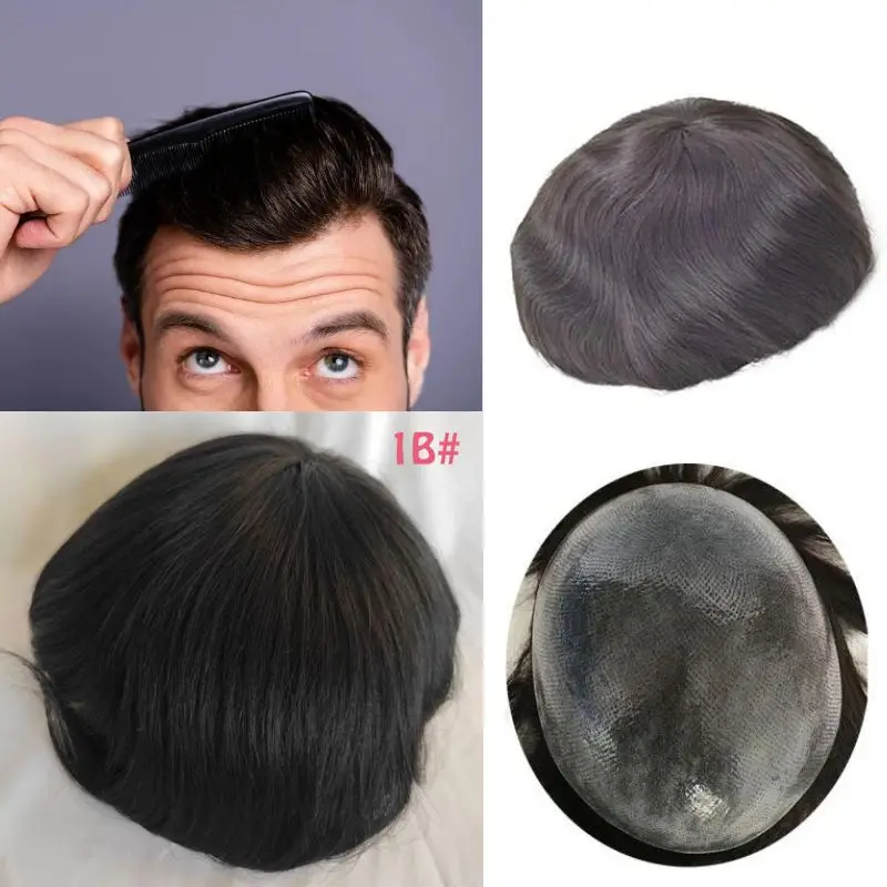 Pwigs Men Toupee Handmade Wig Human Hair Replacement Systems Full PU Thin Skin Base Natural 100% Human Remy Hair 10x8inch