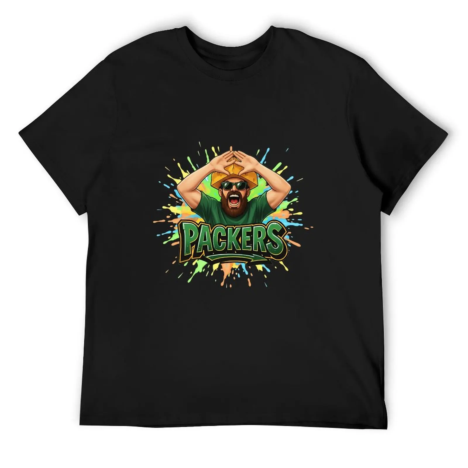 Colorful Paint Splatter Cheese Head Fan Packers Graphic T-Shirt Men Black Cotton Crew Neck Football Tee