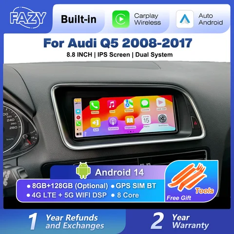 안드로이드 14 자동 라디오 무선 Carplay For Audi Q5 2008-2017 자동차 화면 멀티미디어 플레이어 네비게이션 GPS 4G SIM WiFi DSP 8 코어