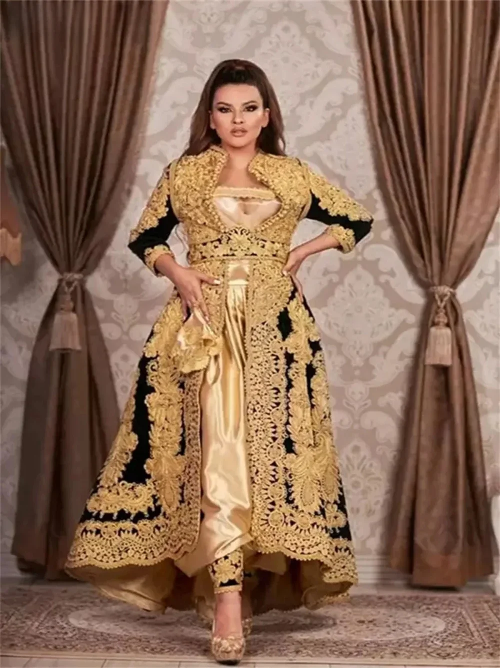 Goldapplikationen Party A-Linie Abendkleid Traditionelles Kosovo Albanian Caftan Abendkleid Maßgeschneidert 2-teilig Mode Formelle Veranstaltungen