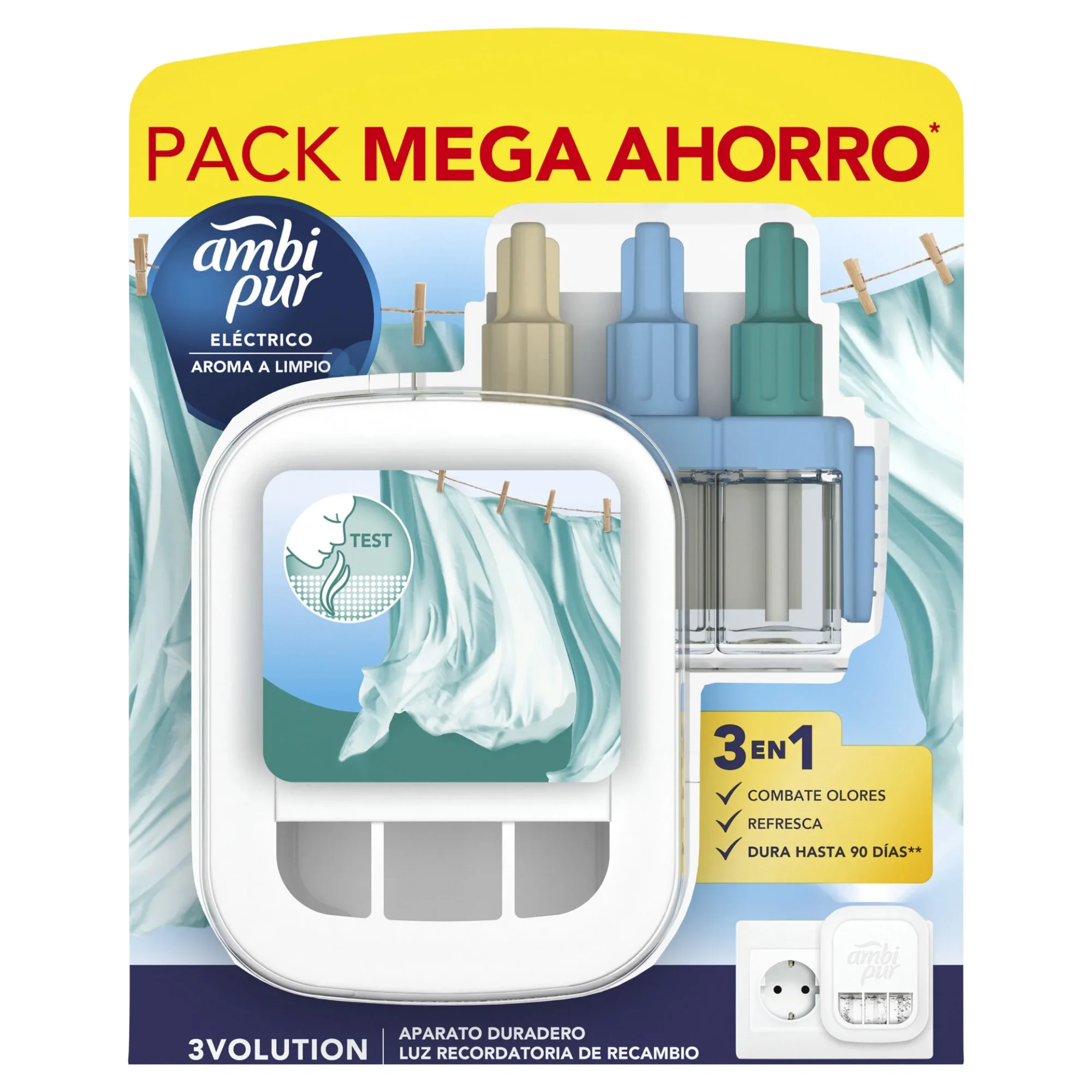 Ambientador Eléctrico Ambi Pur 3Volution con Tecnología OdourClear - Aparato + Recambio de 3 Fragancias Alternantes, Elimina Olores Persistentes, Hasta 90 Días de Frescura