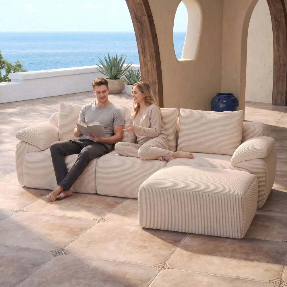 Divano a tre posti Anajqaqia con pouf e cuscini, divano angolare a forma di L, da assemblare, set di divani per il soggiorno o la camera da letto, colore beige.