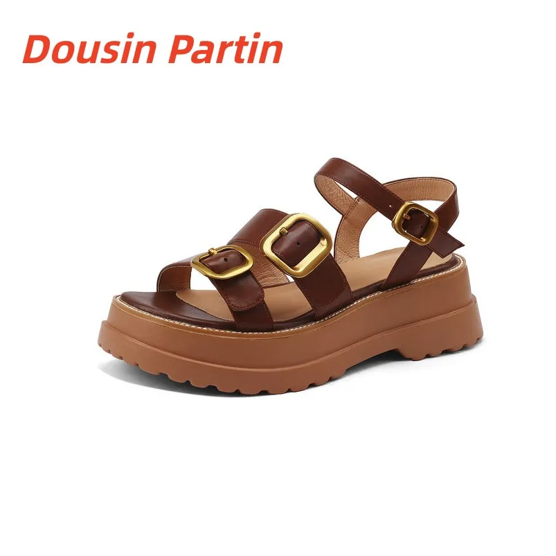Dousin Partin 2022 Elegant Summer Med Heel Female Shoes Genuine Leather Slingback Women Pumps Ankle Strap Buckle Sandals