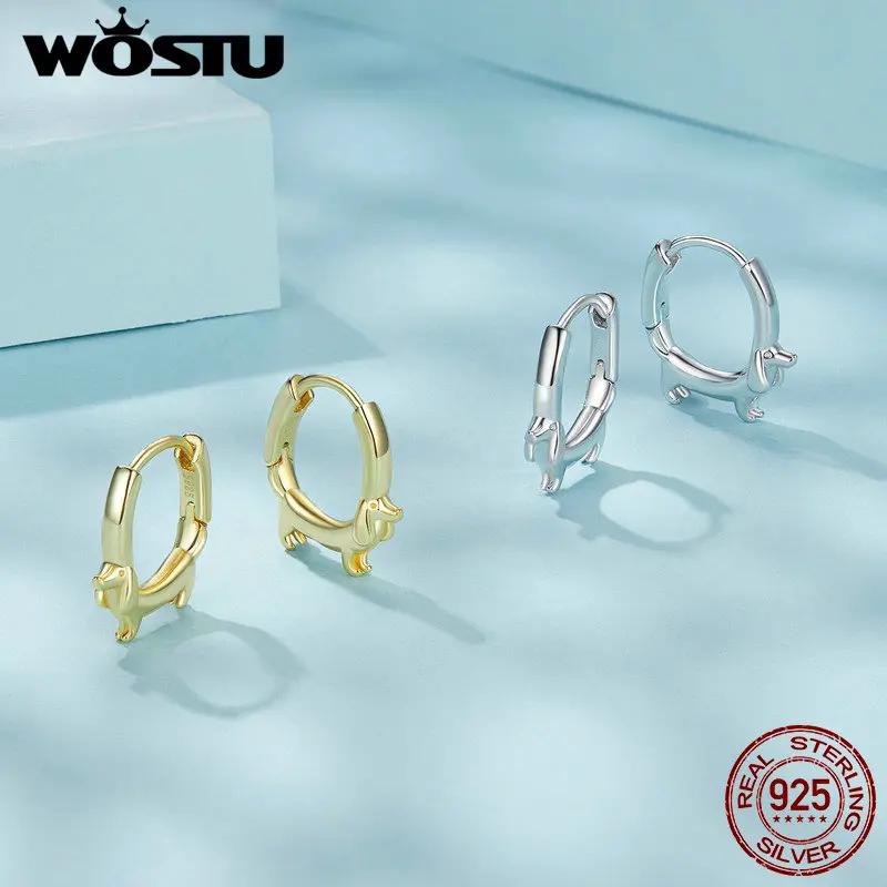 WOSTU Original 925 Sterling Silver Dachshund Hoop Earrings Plated Gold Ear Buckles for Women Dog Lovers Special Gift Jewelry