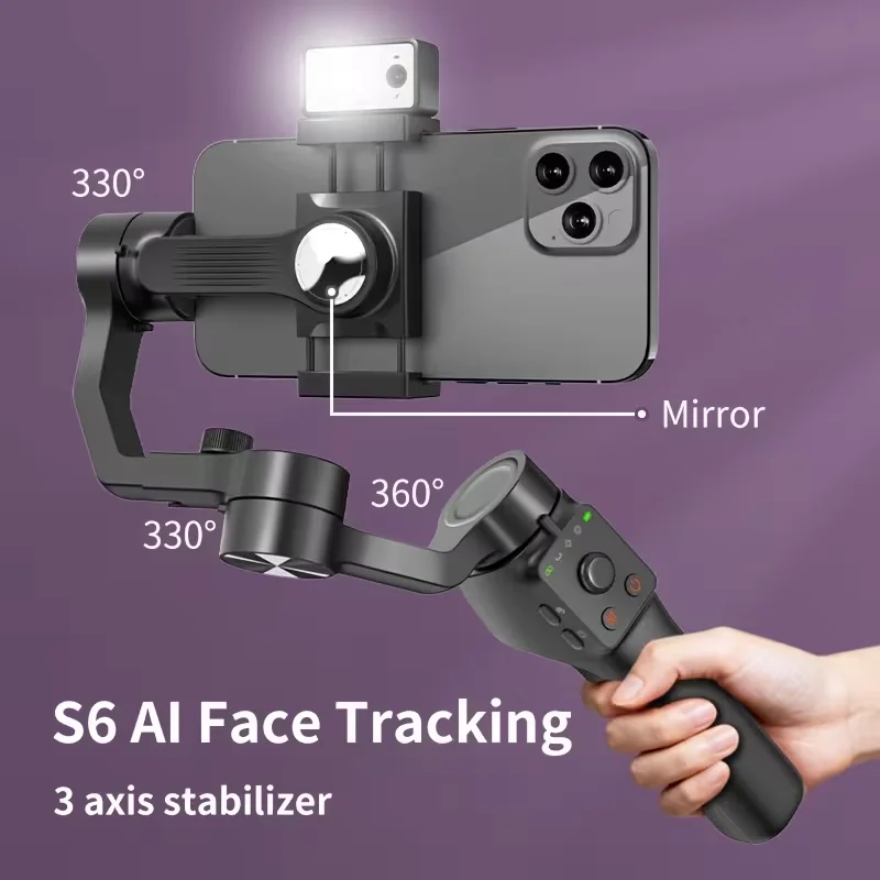 QAML S6 Contrôle des gestes à cardan 3 axes et lumière de remplissage pour vlog, flux et selfies lisses. Compact et durable, parfait pour le créateur