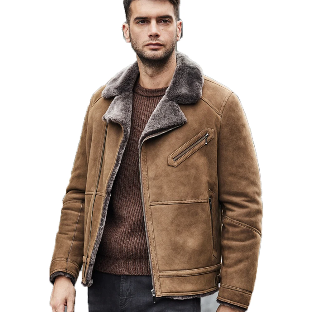 Denny&Dora Mens Shearling Jacket Brown Short Sheepskin Coat For Men Shearling Suede Jacket