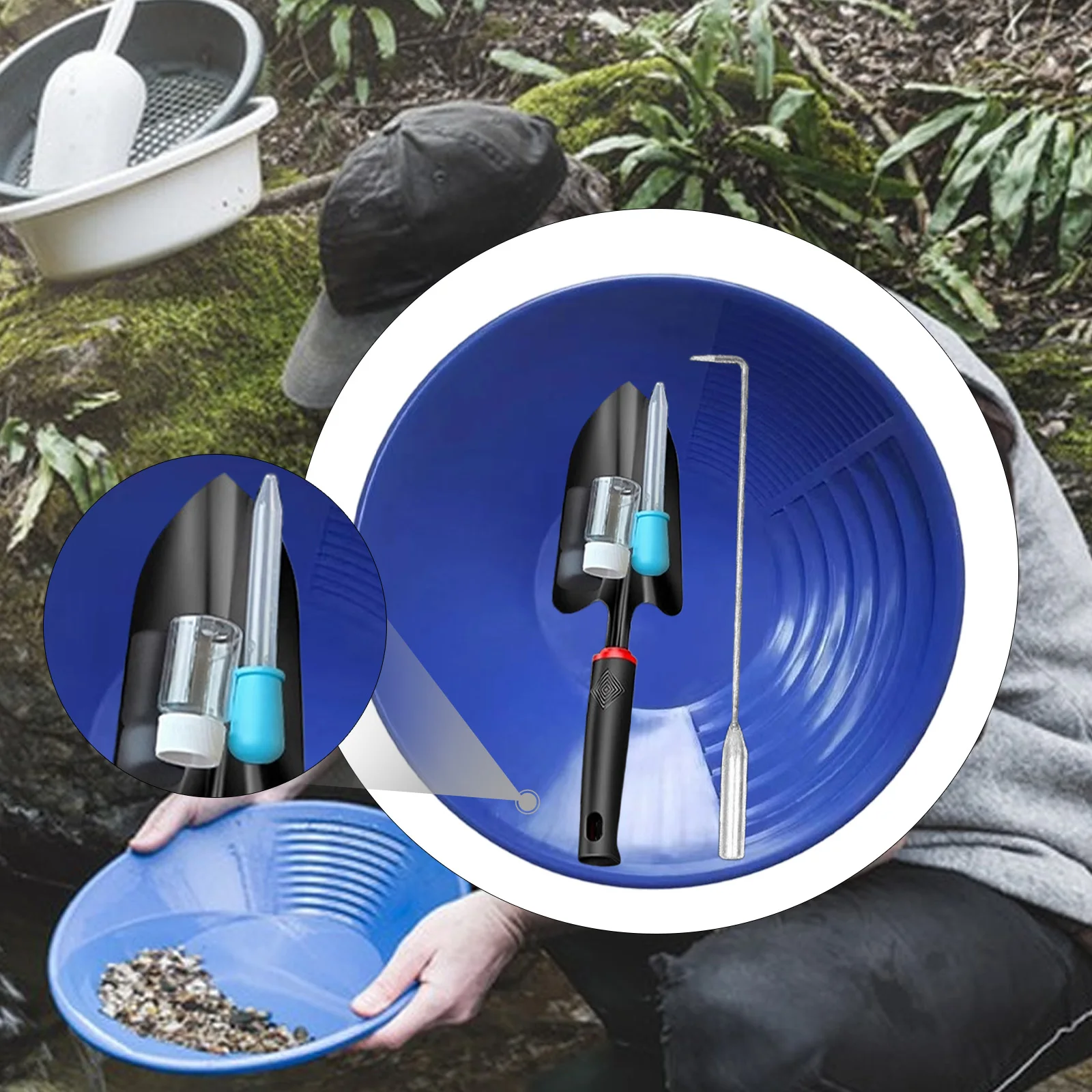 Deluxe Gold Panning Kit with 35cm Blue Pan Hand Trowel & Hook Tool Complete Set for Professional Mining Outdoor Fun for Beginner