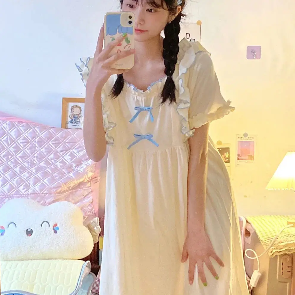 Japanese Cream Yellow Sweet Nightdress Lace Short Sleeve Pajamas Girls' Summer New Bow Kawaii Cute Princess Style Home Sleepwear