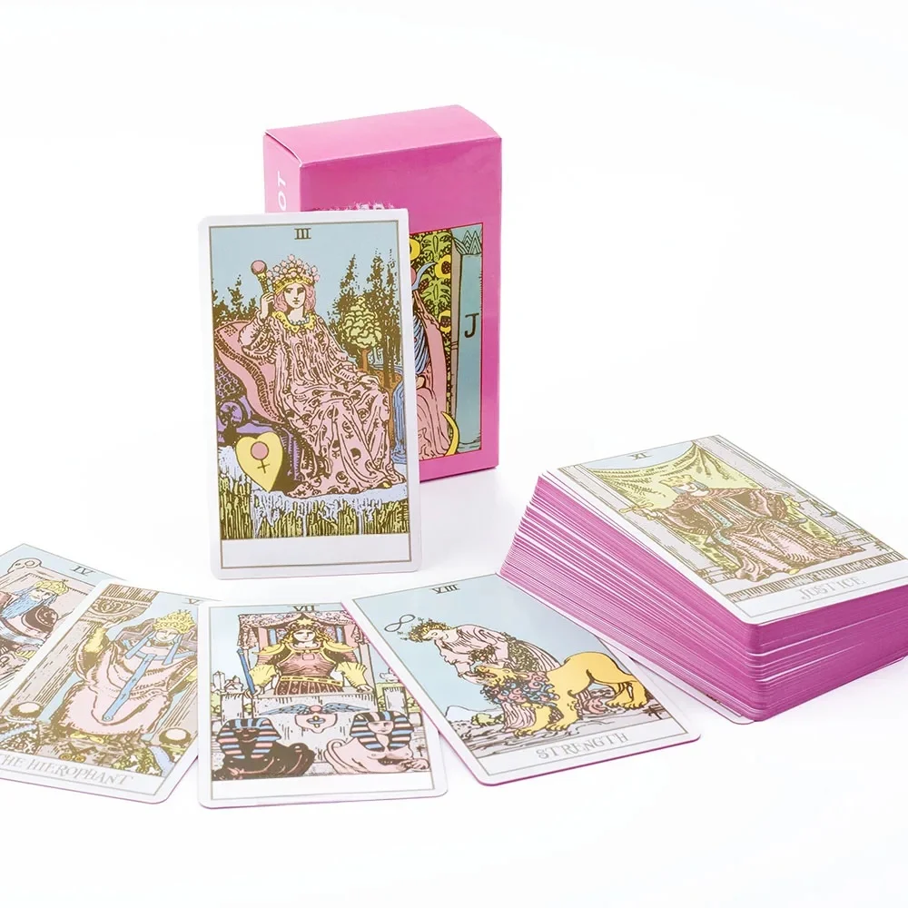 Jeu de cartes de Tarot à bordure rose avec guide, 78 pièces, Version anglaise, jeu de Divination pour réunion de famille, cartes de jeu de société 10.3x6cm