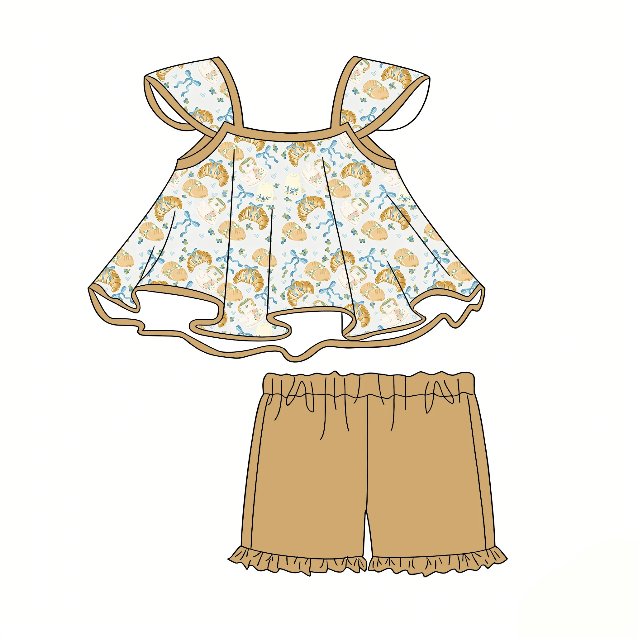 Boutique Children's Best-Seller Girls' Set Short-sleeved top Paired with Shorts Neckline Zipper Lemon Animals print Custom