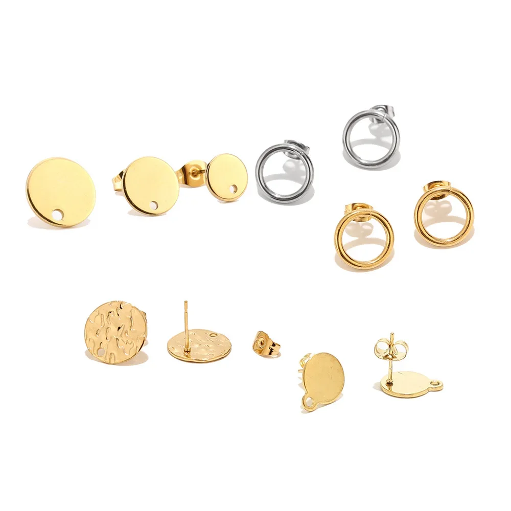 10 Stuks Roestvrij Staal Goud Zilver Ronde Schijf Oorbel Post W Loop Gehamerde Plaat Oorbellen Basis Voor Hypo-Allergene Oorbel Maken - afbeelding 2