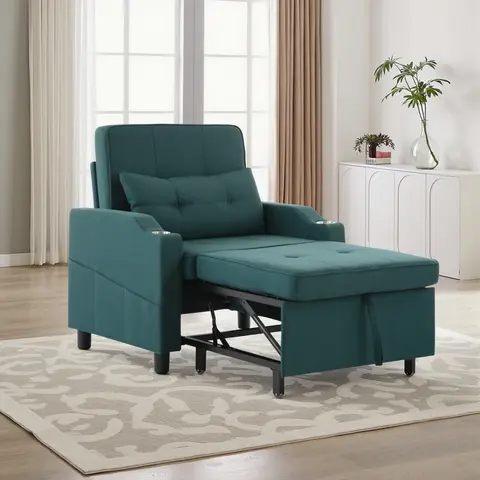 Single Pull‑Out Sleeper Chair Sofa Bed, 5‑Position Recliner Armchair with Cup Holder USB Charging Port Side Pocket, Upholstered Reclining Chair for Living Room Apartment Guest Room