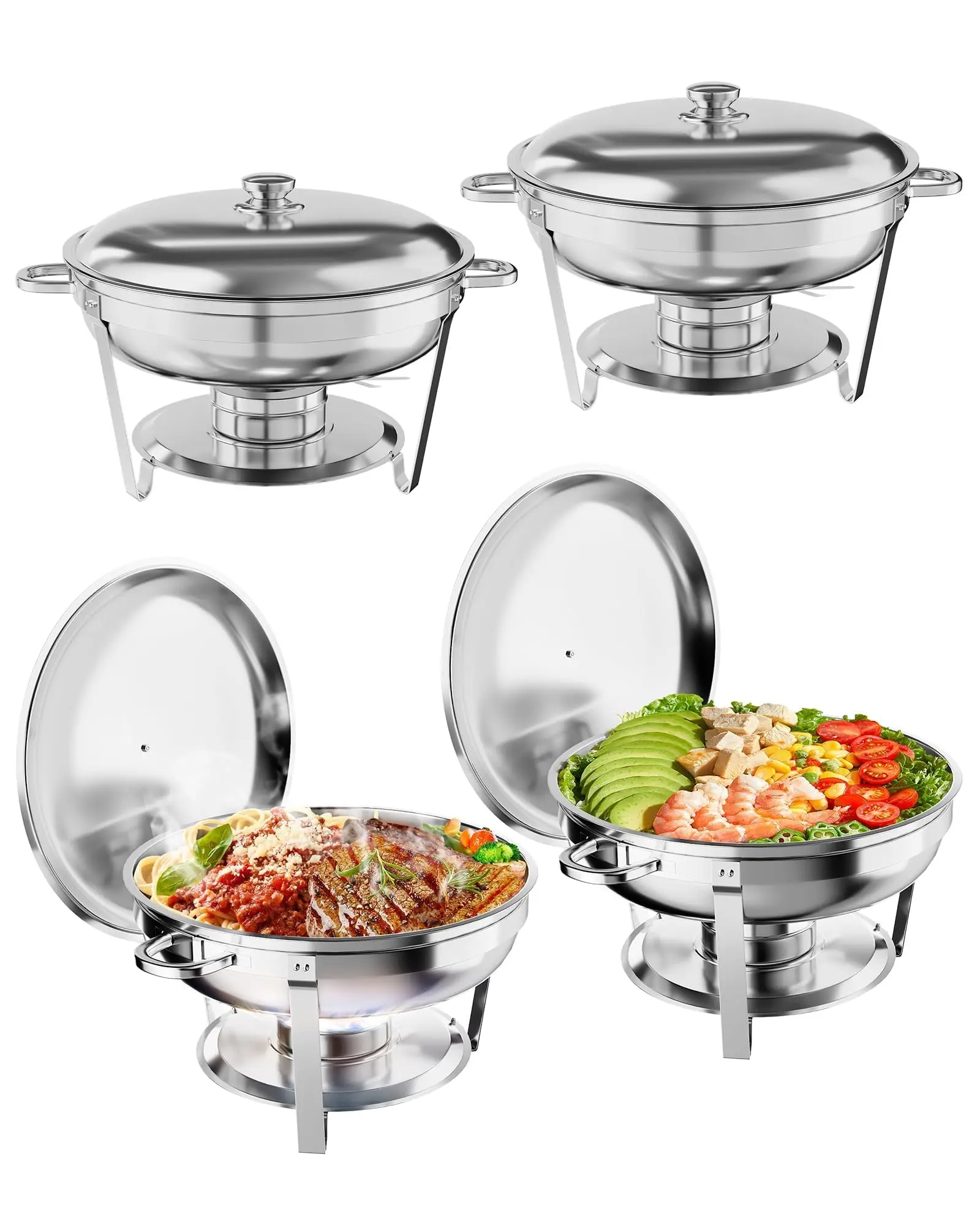 4-teiliges 5L Chafing Dish Buffet-Set aus Edelstahl - Glasdeckel, Lebensmittel- und Wasserschale, Halter für gebrannte Paste, inkl. Servierlöffel & -zange - für Catering/Party/Hochzeit