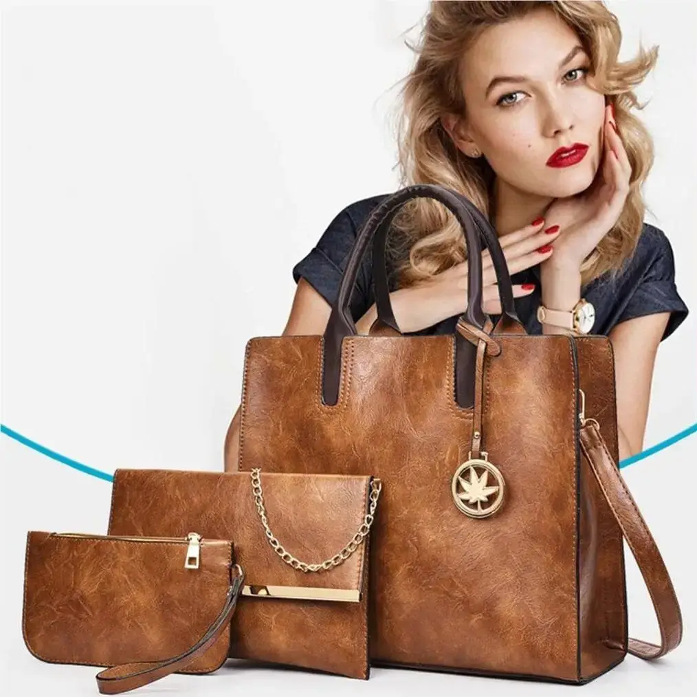 3PCS Luxury Leather Tote Bag High Capacity Woman Shoulder Bags Fashion Women Handbag Clutches Wallet Purse Set