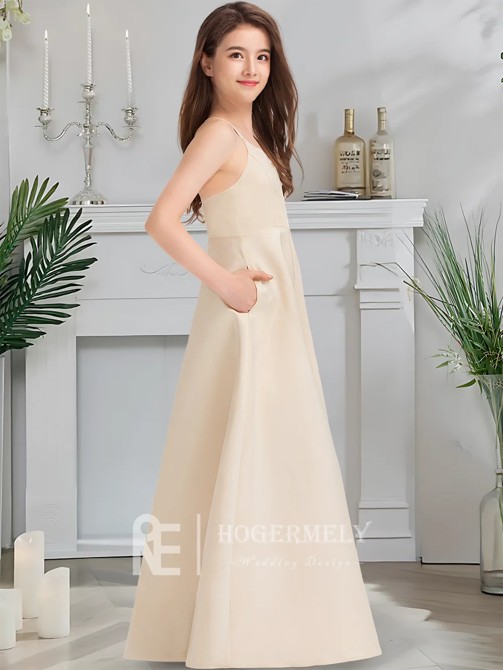 B Шикарное атласное платье трапециевидной формы с v-образным вырезом для подружек невесты, жемчужное платье с цветочным узором для девочек, выпускное платье длиной до пола для летних гостей