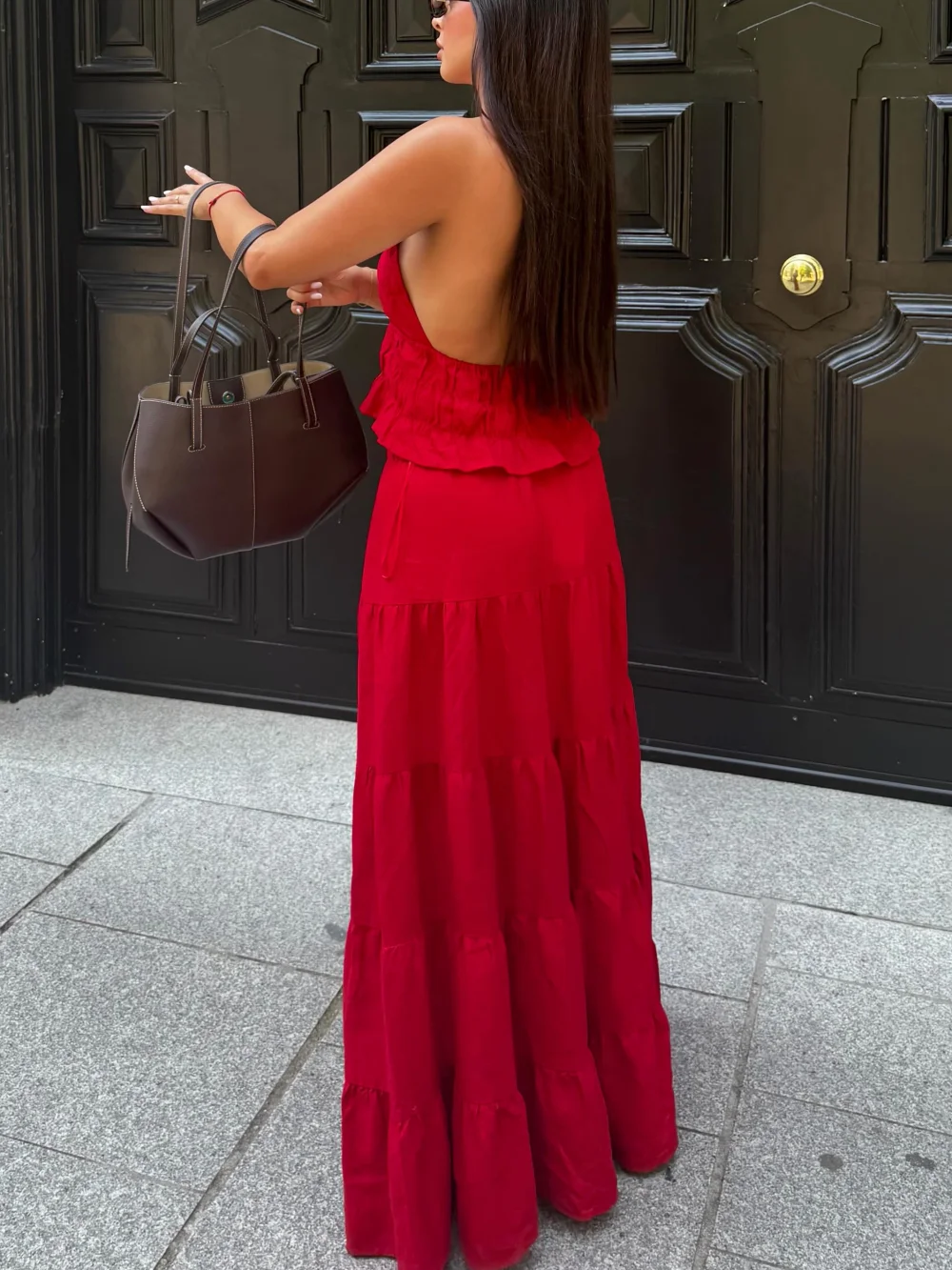 Boho Halter Crop Top Maxi Skirt Set Women Sexy Backless Smocked Two Piece Dress Sets Red Summer Beach Holiday Outfits