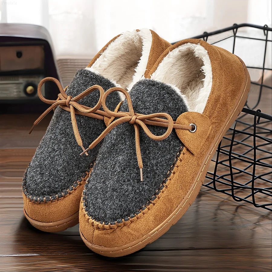 Men Indoor Slippers Patchwork Sewing Memory Foam Fuzzy Warm House Shoes Soft Non-slip Plush Slipper For Winter Luxury