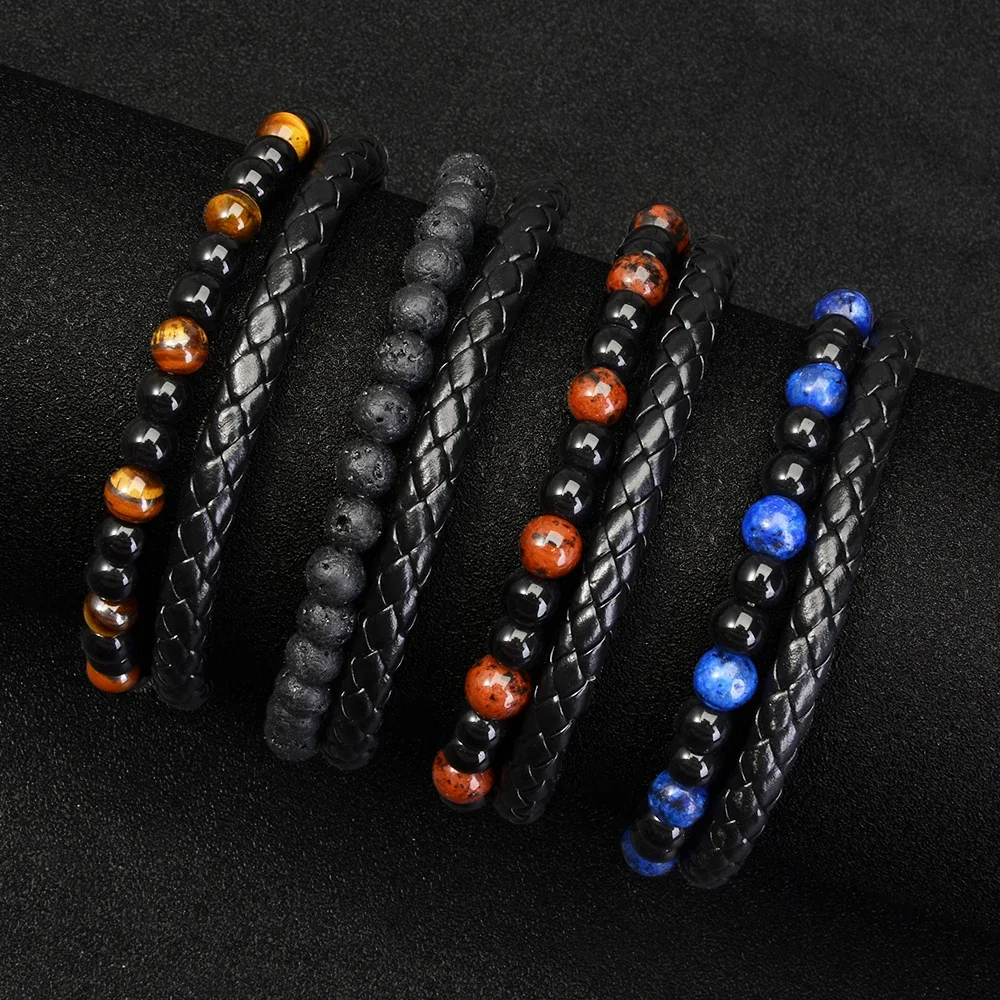 Aço inoxidável Tiger Eye Pedra Pulseira, Natural Lava Pedra Beads, Homens e Mulheres Jóias, 1PC