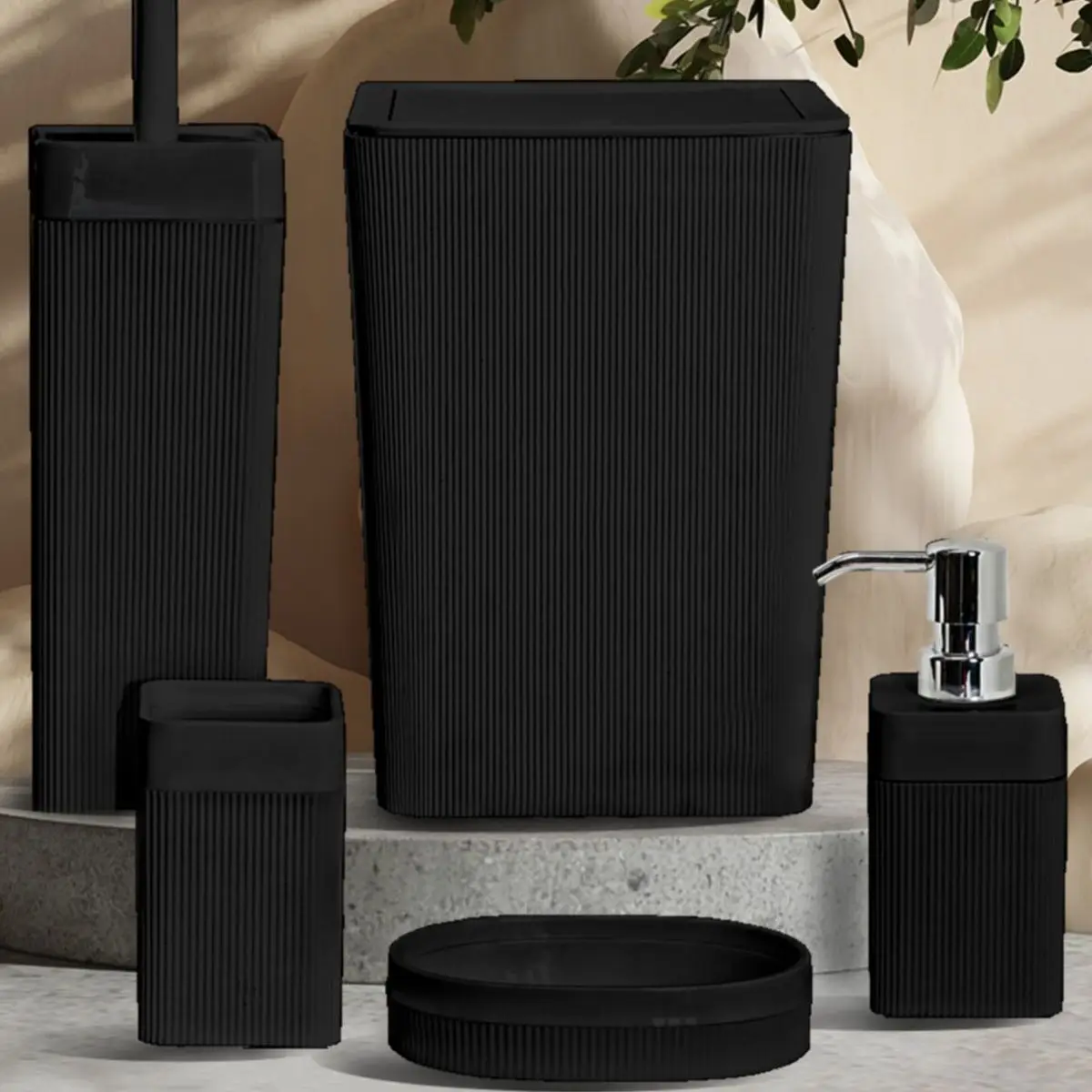 Bathroom Accessory Set Square Black 5 Pcs Plastic Toothbrush Holder Liquid And Solid Soap Dispenser Toilet Brush Trash Can Lux