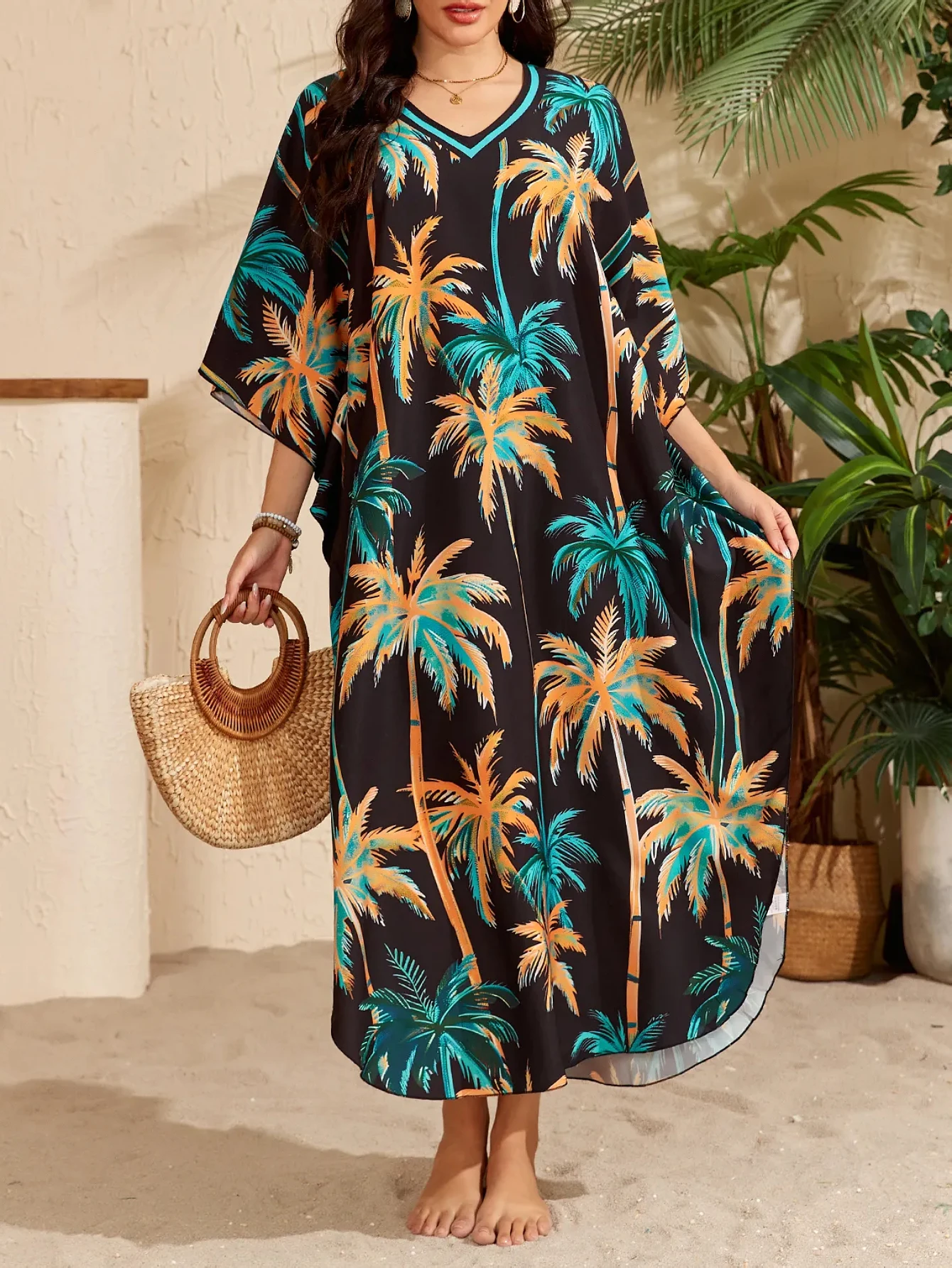 

MAKABO Платья-кафтаны для женщин, V-образный вырез Moo Moos Красочные накидки с принтом Кафтан Пляжные платья для купальников