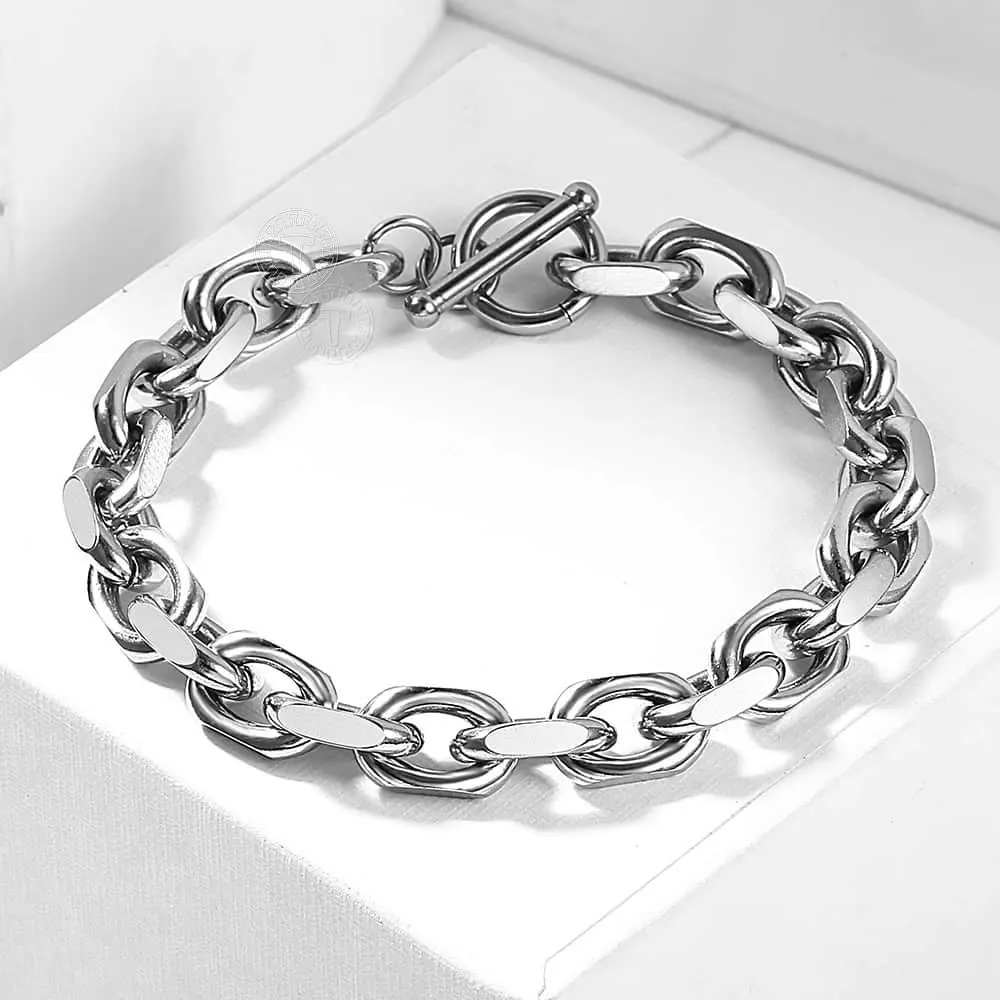 

9mm Silver Color Men's Bracelet Cable Link Stainless Steel Bracelet T/O Toggle Link Clasp Fashion Jewelry for Men