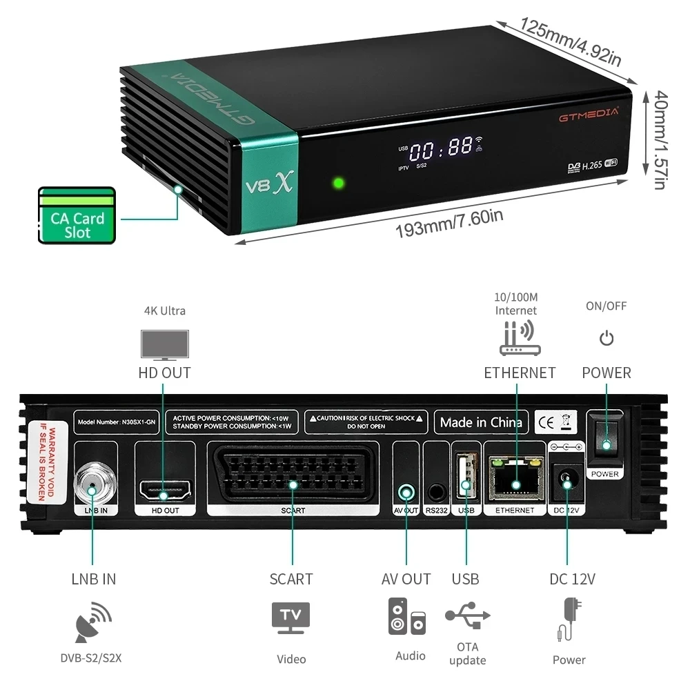 Ricevitore satellitare Gtmedia V8X DVB-S2X, dispositivo uguale a V8 nova/V8 honor, con WIFI integrato, 1080P, gtmedia V9 prime v9 super