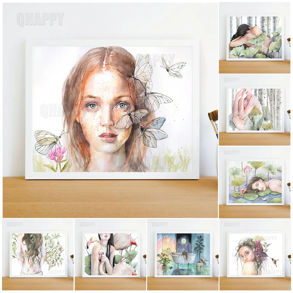 

Nude Woman Lotus Leaves Wall Art Canvas Painting Abstract Surrealism Picture Flamingo Illustration Home Decor Nordic Poster