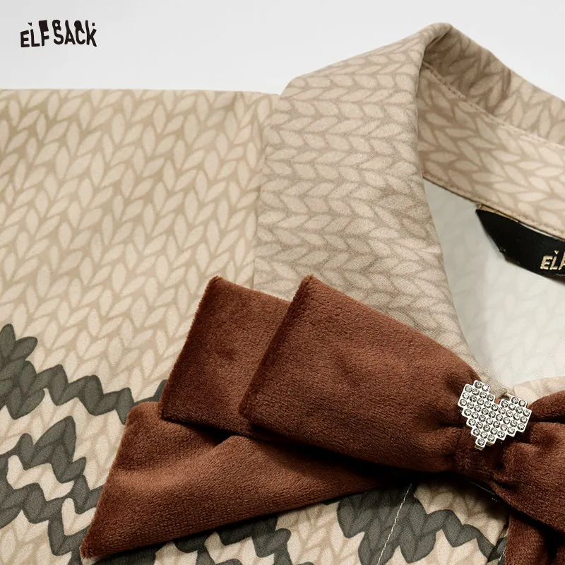ELFSACK 2024 Winter New Arrivals Retro Preppy Style Detachable Bow Original Printed Shirt for Women